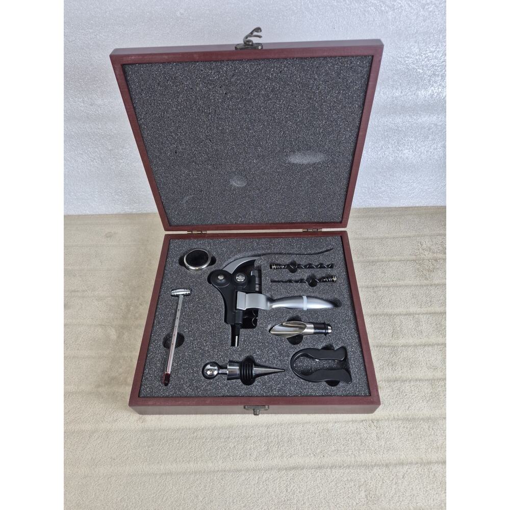 8 Piece WINE WOODEN BOX SET Stopper Opener Corkscrew Thermometer Cherry Box